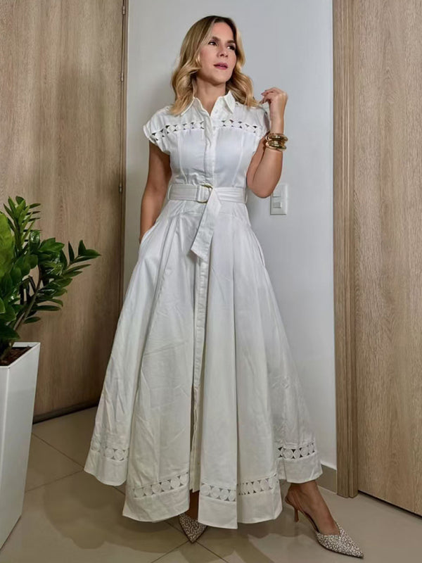Shirt Dresses - V-neck hollow lace-up slim lapel shirt dress