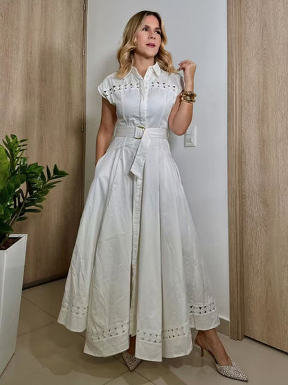 Shirt Dresses - V-neck hollow lace-up slim lapel shirt dress