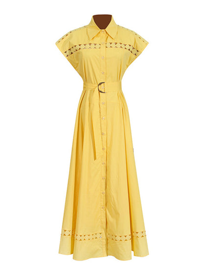 Shirt Dresses - V-neck hollow lace-up slim lapel shirt dress