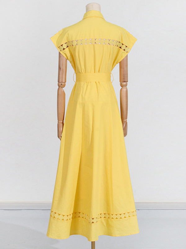 Shirt Dresses - V-neck hollow lace-up slim lapel shirt dress