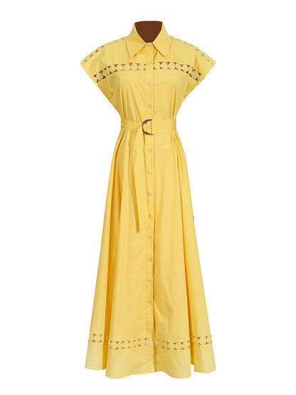 Shirt Dresses - V-neck hollow lace-up slim lapel shirt dress