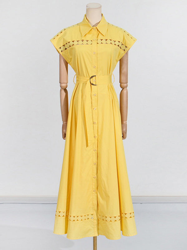 Shirt Dresses - V-neck hollow lace-up slim lapel shirt dress