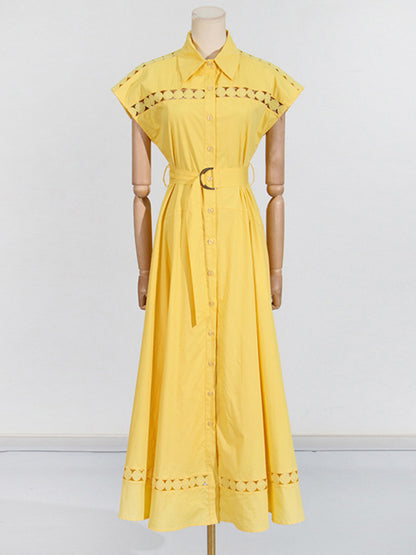Shirt Dresses - V-neck hollow lace-up slim lapel shirt dress