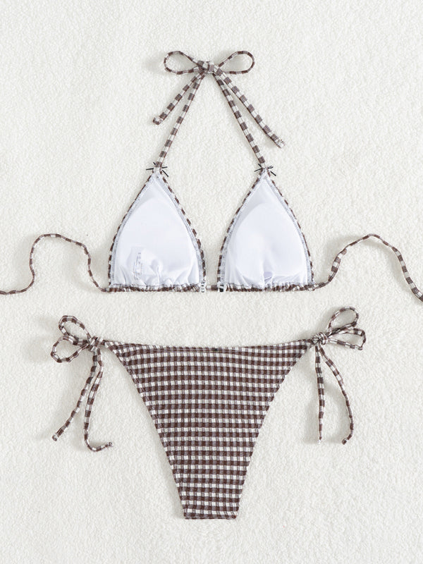 Swimwear - Sexy Checkerboard Lace Halter Neck Bow Bikini