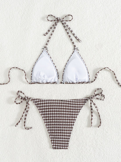 Swimwear - Sexy Checkerboard Lace Halter Neck Bow Bikini