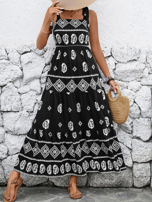 Boho Dresses - Casual holiday suspender ethnic style print dress