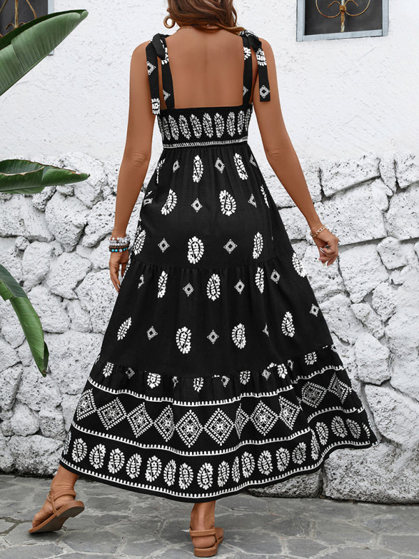 Boho Dresses - Casual holiday suspender ethnic style print dress