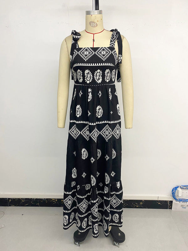 Boho Dresses - Casual holiday suspender ethnic style print dress