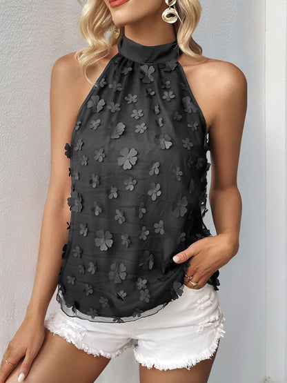 Tops - Solid color half turtleneck halterneck sleeveless top with appliques