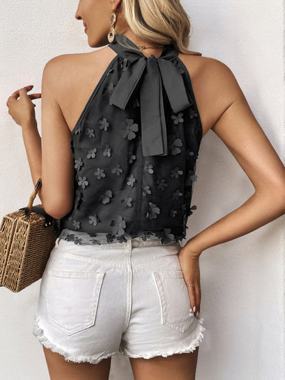 Tops - Solid color half turtleneck halterneck sleeveless top with appliques