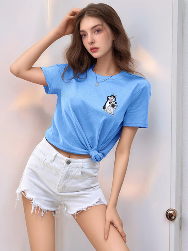 T-Shirts - Loose round neck cute dog cartoon print T-shirt