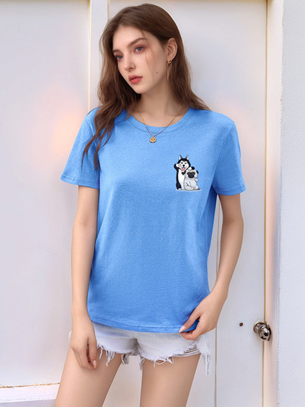 T-Shirts - Loose round neck cute dog cartoon print T-shirt