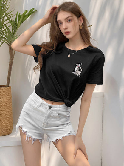 T-Shirts - Loose round neck cute dog cartoon print T-shirt