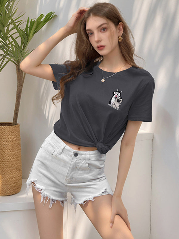 T-Shirts - Loose round neck cute dog cartoon print T-shirt