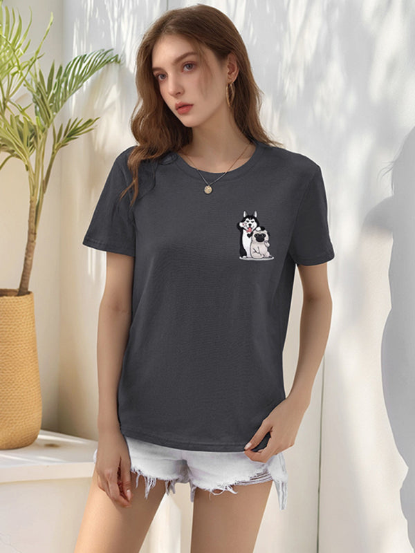 T-Shirts - Loose round neck cute dog cartoon print T-shirt