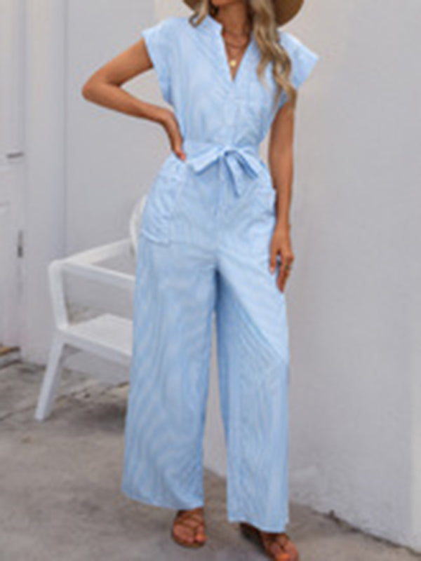 Jumpsuits - Sleeveless V-neck blue and white vertical striped jumpsuit