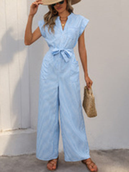 Jumpsuits - Sleeveless V-neck blue and white vertical striped jumpsuit