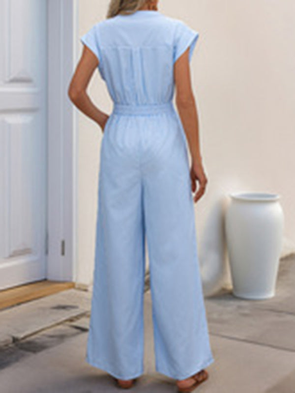 Jumpsuits - Sleeveless V-neck blue and white vertical striped jumpsuit