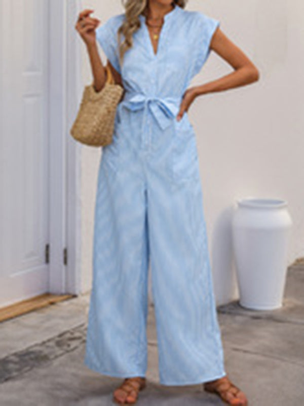 Jumpsuits - Sleeveless V-neck blue and white vertical striped jumpsuit