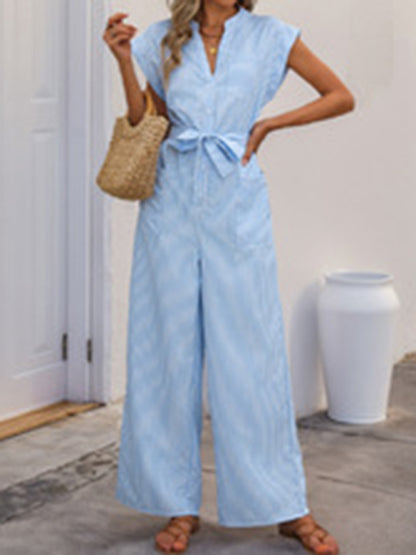 Jumpsuits - Sleeveless V-neck blue and white vertical striped jumpsuit