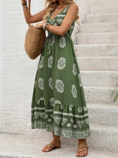 Boho Dresses - Ethnic style casual V-neck high waist holiday dress