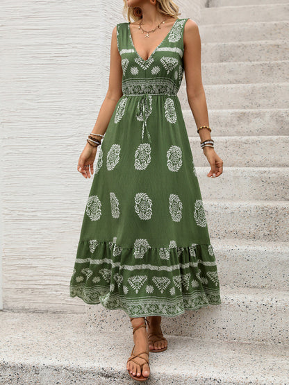 Boho Dresses - Ethnic style casual V-neck high waist holiday dress