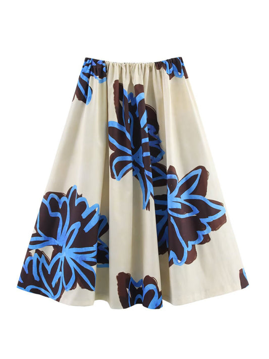 Skirts - Fashionable and casual printed wide hem midi skirt