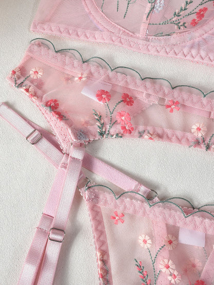 Lingerie - Embroidery and mesh sexy underwear four-piece set