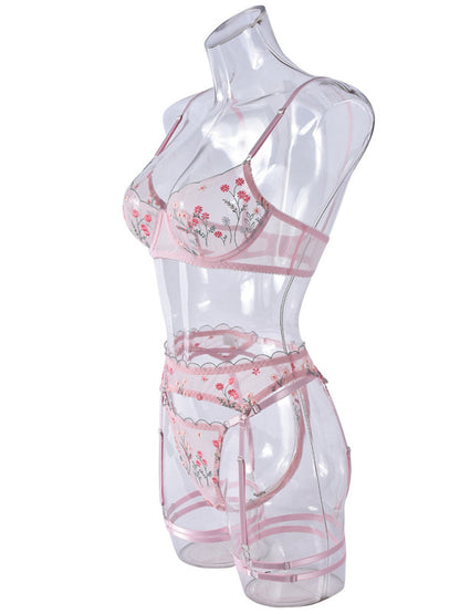 Lingerie - Embroidery and mesh sexy underwear four-piece set