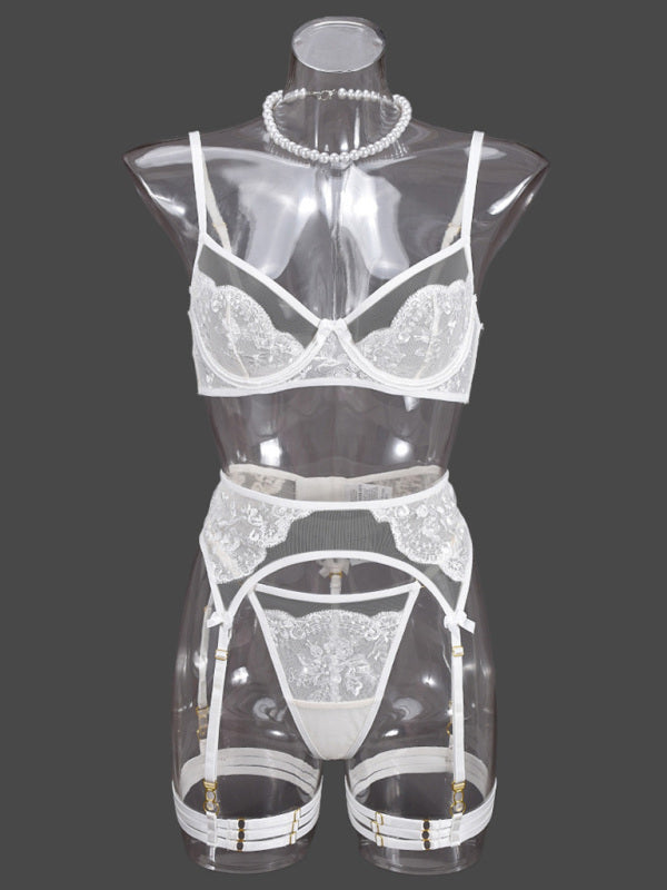 Lingerie - Lace Embroidered Bra Sexy Lingerie 4-piece Set