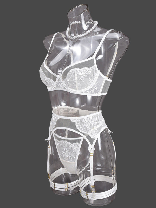 Lingerie - Lace Embroidered Bra Sexy Lingerie 4-piece Set
