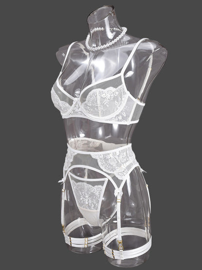 Lingerie - Lace Embroidered Bra Sexy Lingerie 4-piece Set