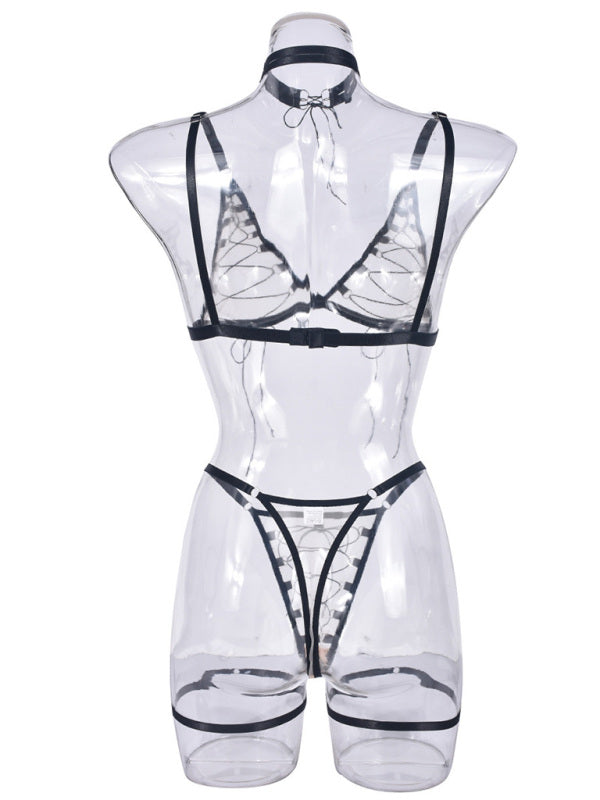 Lingerie - Mesh see-through lace-up sexy lingerie uniform four-piece set