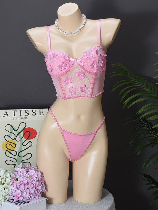 Lingerie - Floral Embroidered Bow Sexy Lingerie Set