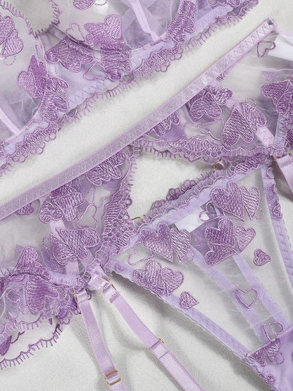 Lingerie - Heart-shaped embroidered sexy lingerie four-piece set