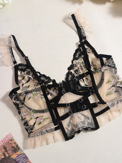 Lingerie - See-through lace embroidery sexy underwear girdle fishbone sexy underwear 2-piece set