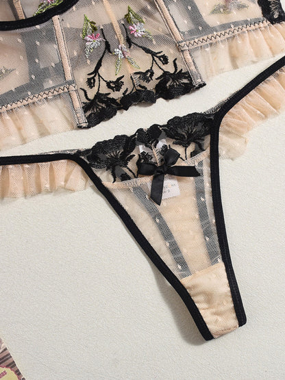 Lingerie - See-through lace embroidery sexy underwear girdle fishbone sexy underwear 2-piece set