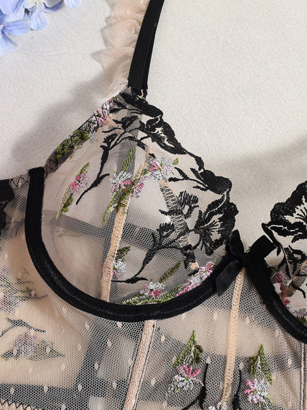 Lingerie - See-through lace embroidery sexy underwear girdle fishbone sexy underwear 2-piece set