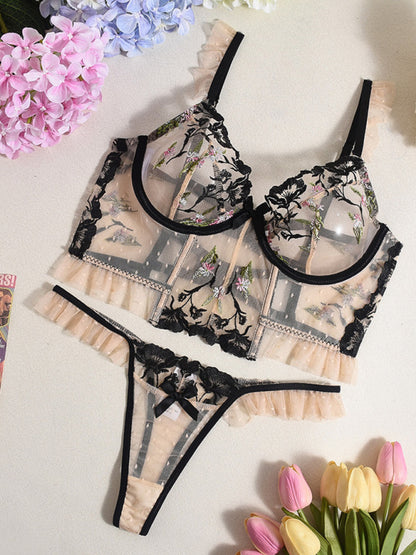 Lingerie - See-through lace embroidery sexy underwear girdle fishbone sexy underwear 2-piece set