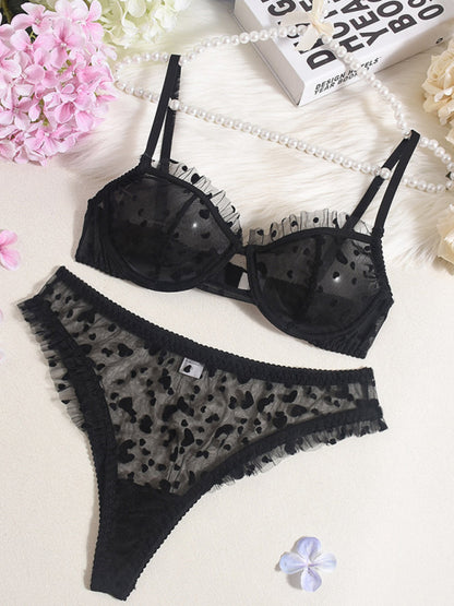 Lingerie - Sexy Lace Underwear Ultra-thin See-through Heart-shaped Flocking Women's Underwear Set