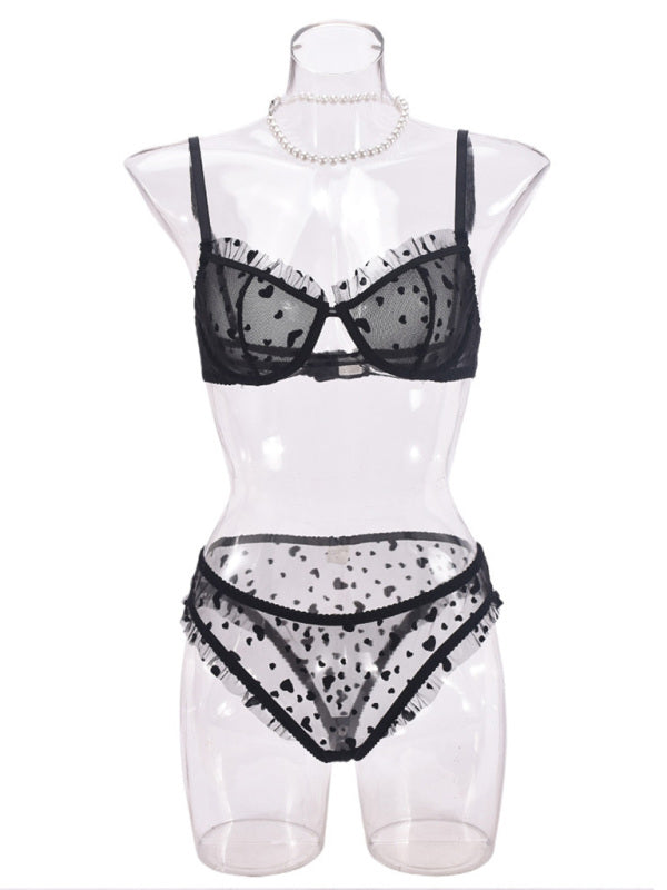 Lingerie - Sexy Lace Underwear Ultra-thin See-through Heart-shaped Flocking Women's Underwear Set