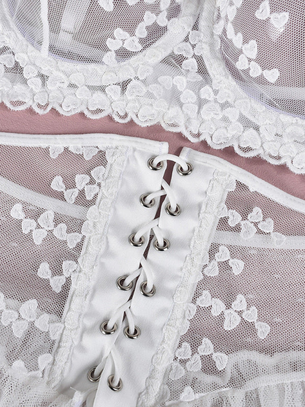 Lingeries - Embroidered lace-up waist-slimming multi-layered mesh skirt underwear set