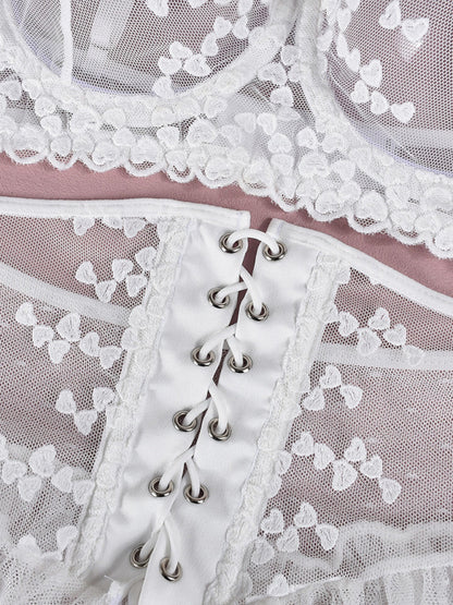 Lingeries - Embroidered lace-up waist-slimming multi-layered mesh skirt underwear set