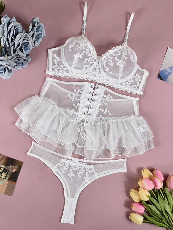 Lingeries - Embroidered lace-up waist-slimming multi-layered mesh skirt underwear set