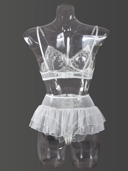 Lingeries - Embroidered lace-up waist-slimming multi-layered mesh skirt underwear set