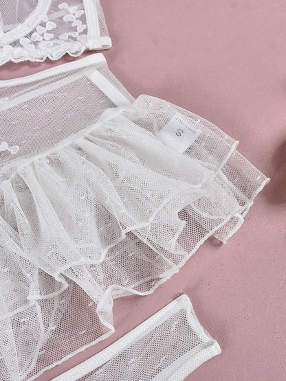 Lingeries - Embroidered lace-up waist-slimming multi-layered mesh skirt underwear set