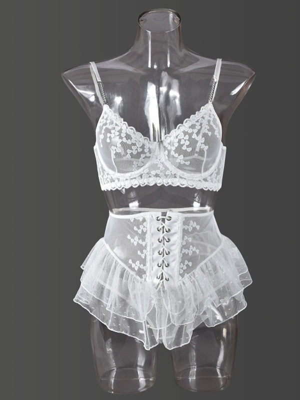 Lingeries - Embroidered lace-up waist-slimming multi-layered mesh skirt underwear set