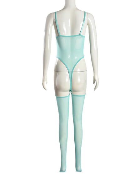 Lingerie - New sexy temptation mesh suspender dress set including leg socks