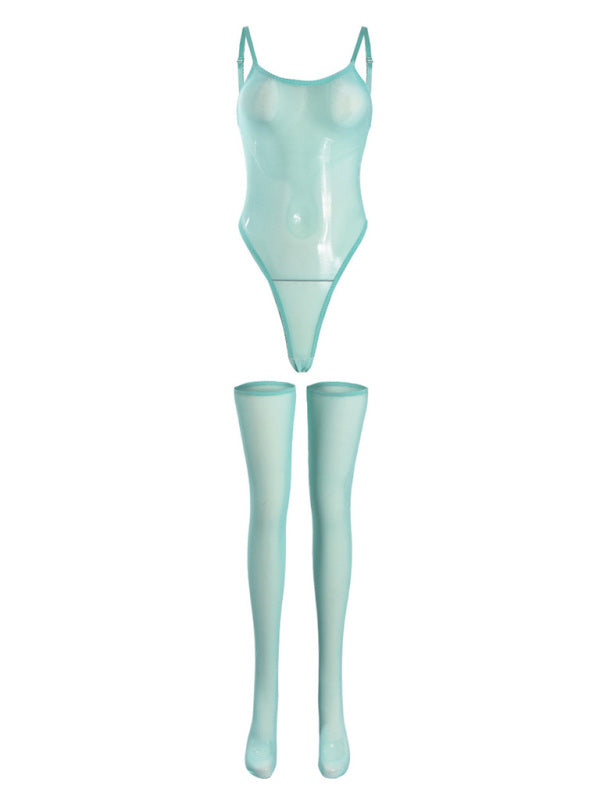 Lingerie - New sexy temptation mesh suspender dress set including leg socks