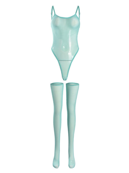 Lingerie - New sexy temptation mesh suspender dress set including leg socks